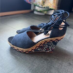 CAbi Navy Lace-Up Wedge Sandals